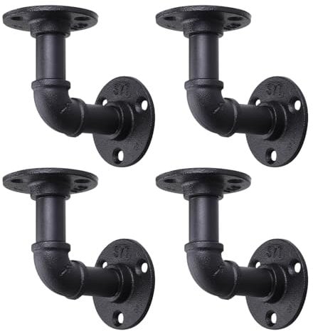 MUZIK Rohr-Regalhalterung – Rustikale L-förmige Regalstütze für Wandmontage, schwimmende Industrieregale, Vintage-Stil, schwarzes Eisen-Finish, DIY-Rohrregal (10,2 x 10,2 cm)