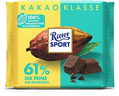 Ritter Sport Die Feine 61% aus Nicaragua 100 g, pure Edel-Bitterschokolade aus hochwertigem Kakao, dunkle Tafel Schokolade mit kräftigem Kakaogeschmack, Geschenkidee, 100g Tafel