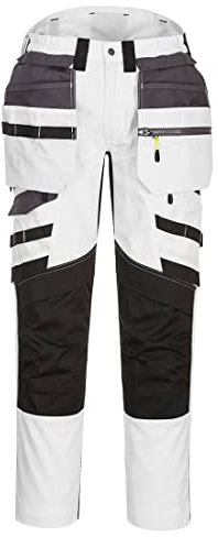Portwest DX440 Lightweight Detachable Holster Work Trousers Mens Multi Pockets Stretch Safety Workwear Cargo Combat Pants with Free Knee Pads White/Grey, 30