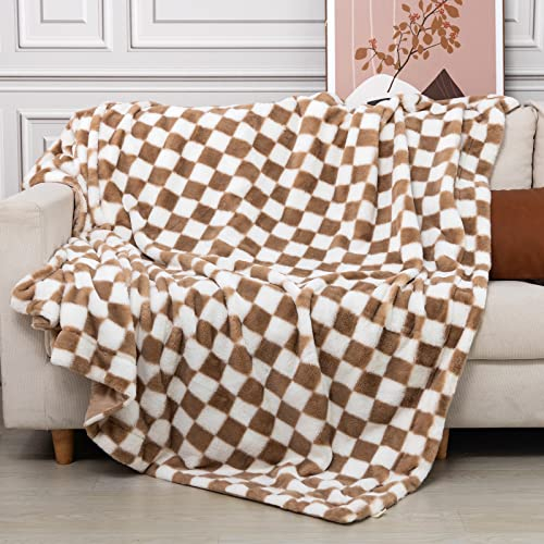 PAPER JAZZ Karierte Decke, weiche Schachbrett-Gitterdecke, gemütliche doppelseitige Flanelldecke, leichte Überwurfdecke für Sofa, Couch, Bett, Camping, Reisedecken für Geschenke (Khaki, 160x200.7 cm)