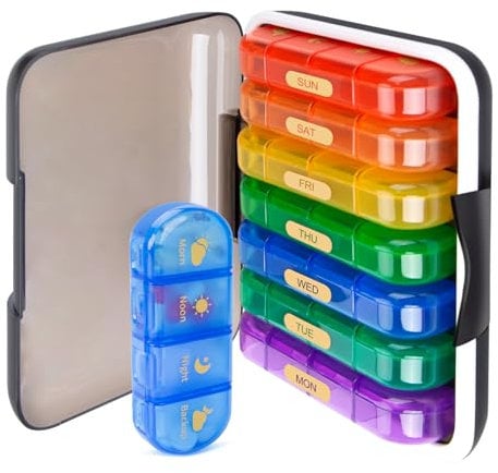 MURRI&MURRDI Große Pille Organizer Tragbare Medikamentenbox 7 Tage 4 Fächer, 7 Tage Tablettenbox BPA Frei Pille Box, Reise Pillendose für Medikamente, Vitamine, Fischöl (28-Zellen, B Mehrfarbig)