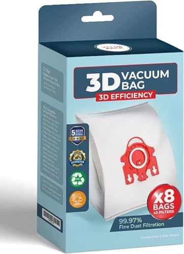 Monocromium,Jumbo Miele FJM Vacuum Cleaner Bags Replacement for Miele Vacuum, 8 Packs AirClean 3D Efficiency Dust Bag, Miele Compact C1 C2 S Series Vacuum Bags (8 Bags & 2 Filters)