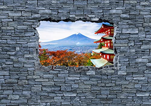 wandmotiv24 Fototapete 3D Optik -Mount Fuji-Chureito Pagoda, 300 x 210 cm - selbstklebende Vliestapete 150g, Wanddeko, Wandbild, Wandtapete, 3D-Optik, Wandbruch, Japan M0622