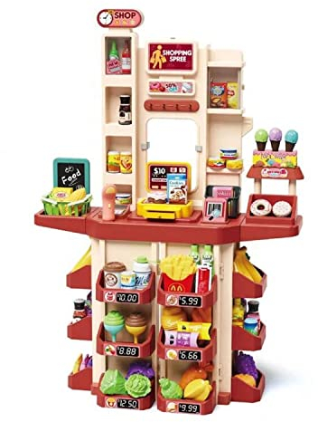 Coemo Supermarkt Florian Rosa Kaufmannsladen Marktstand für Kinder, mit Einkaufskorb und viel Zubehör, geeignet für Kinder ab 3 Jahren