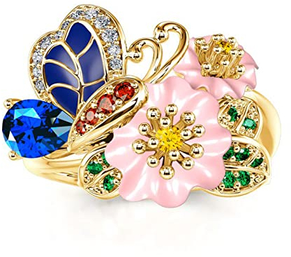 Jeulia Damen Sterling Silber Ring Mehrfarbig Emaille Blumen Kaninchen Diamant Band Ring für Frauen Mädchen Breiter Ring Party Schmuck Personalisierte Anniversary Geschenk (66(21.0), Schmetterling)