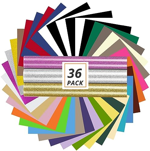 HTVRONT HTV Heat Transfer Vinyl Bundle 36 Pack 12 x 10 - Iron On Vinyl with 3 Glitter HTV Vinyl and 1 Teflon Sheet for T-Shirts - Easy to Cut & Weed & Transfer