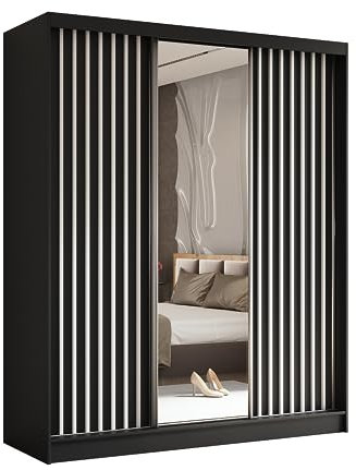 Margaret Hadas24 Kleiderschrank Erika mit Lamellen und Spiegel, Organizer, Mehrzweckschrank, Schwebetürenschrank, Garderobenschrank, Kleiderstange, Kleiderständer, Flurschrank, 180 cm, schwarz, weiß