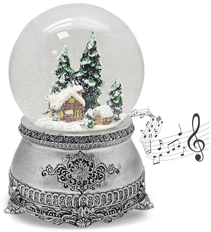 Schneekugel Weihnachten Spieluhr | Hüttenzauber | B: 10cm | 20318 | Breite 10 cm, Höhe 14 cm | Spieluhr Winter Wonderland | Sockel Zinnoptik | Schüttelkugel Weihnachtsdekoration