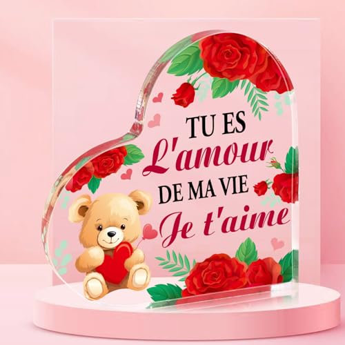 DPKOW Cadeau pour Femme Copine, Je t'aime Plaque Acrylique Gravée Cadeau pour Elle Épouse Saint-Valentin Cadeau Noël Couple Anniversaire Mariage Idee Cadeau Femme Objets de Décoration Romantique