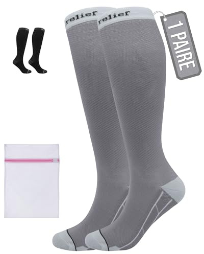 360 RELIEF Chaussettes de Contention Homme et Femme - Classe 1 Chaussette de Compression pour Running, Voyage, Avion, Sports - Bas de Contention 15-20 mmHg L/XL Gris Avec sac de lavage en filet