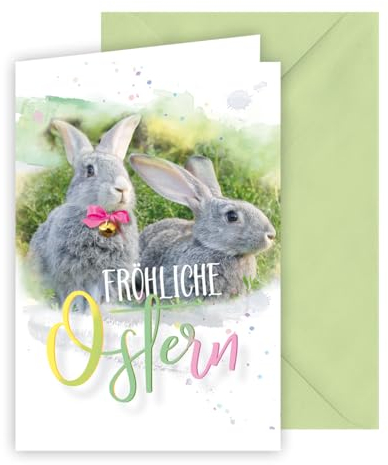 KE - Osterkarte inkl. Umschlag, bunte Grußkarte Ostern, Karte für Ostergüße, DIN B6 Format, Motiv: zwei Häschen