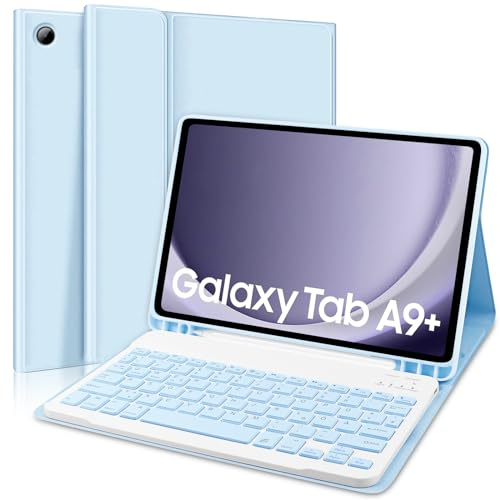 AGARELE Tastatur Hülle für Samsung Galaxy Tab A9+/A9 Plus 2023 11 Zoll (SM-X210/X216/X218), Schutzhülle mit Abnehmbarer Kabellose QWERTZ Deutsches Tastatur, Himmelblau