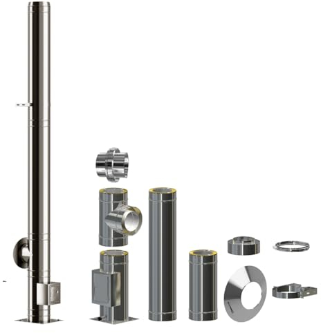 Edelstahlschornstein Bausatz doppelwandig | 0,6mm Wandung | 30mm Dämmung | DN 130mm gestreckte Länge 4,2m| Esse Schlot Kamin