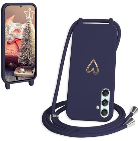 CaseLover Handyband für Samsung Galaxy A25 5G Hülle mit Band, Navy Blau | Herz Muster, Silikon Necklace Handyhülle mit Abnehmbar Kordel zum Umhängen, Stossfest Bumper Handy Schutzhülle Case