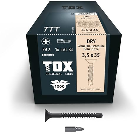 TOX Schnellbauschrauben DRY BS 3,5 x 35 mm mit Bohrspitze, magaziniert für Montage mit Magazinschrauber, für Gipskartonplatten auf Metall-Unterkonstruktionen, 1000 Stück im Karton, 142553253535