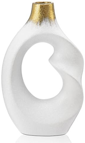 Hollyone Donut Flower Vase - Matte Finish Ceramic White, 26CM for Pampas Grass and Dried Flowers - Aesthetic Home Decor Accessories, Ornaments for Living Room, Kitchen, Bedroom