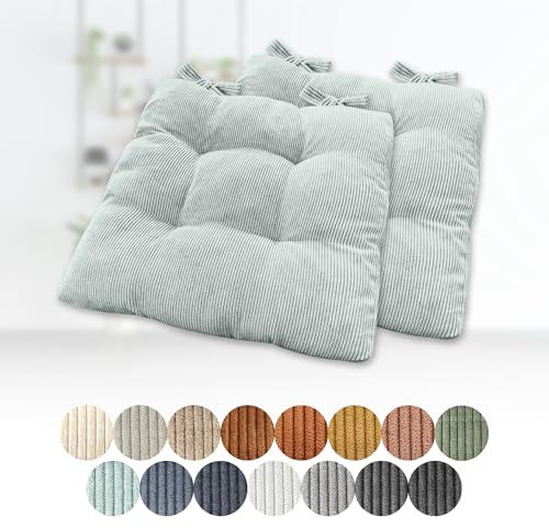 Lsjoaw 2er Set Sitzkissen 30x30x6cm Polster Auflage Gemütliche Stuhlkissen mit Bindebänder Sitzpolster Stuhlauflage Sitzpolster für Gartenstuhl Küche oder Esszimmer Quadrat Cordstoff MintgrüN