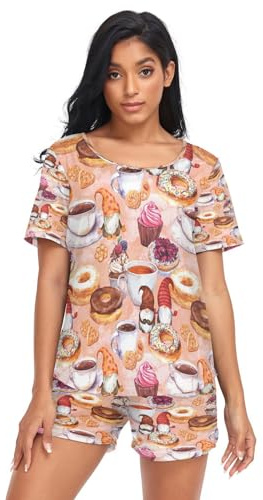 HMZXZ Womens Pajamas Sets Watercolor Gnomes CoffeeSummer Sleepwear Nightwear Loungewear Tea Cup DonutsShorts Lounge Set for Womens Girls Multi