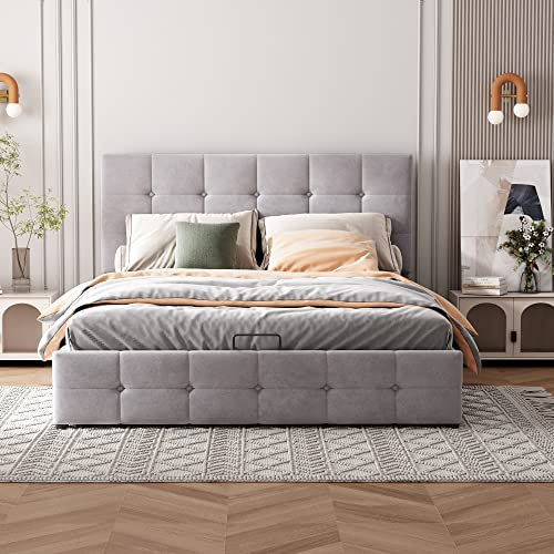 Polsterbett,Doppelbett mit Hydraulisch anhebbarer Bettstauraum ,höhenverstellbares Polsterkopfteil, Metalllattenrost, Hautfreundlicher Samtstoff Doppelbett Erwachsenen Jugendbett,140x200cm (Grau)