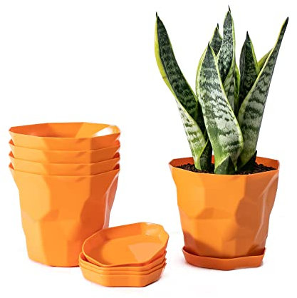 KEFSR Lot de 5 Pots de Fleurs Colorés avec Trou de Drainage et Soucoupe, Pot de Fleurs en Plastique de 12 Cm, Motif Géométrique, Pot de Fleurs pour Petites Plantes, Plantes (Orange)