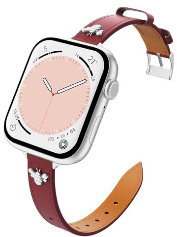 Astorgos Correas de Cuero Finas Compatible con Correa Apple Watch Ultra/Ultra2 49mm/Series 10/9/8/7/6/5/SE/SE2 42/44/45/46mm, Correa de Recambio Piel Fina Genuina para Mujer,Vino Rojo/Plata