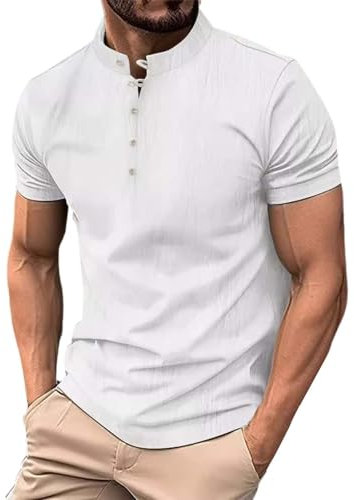 Men‘s 2025 New T Shirt Tops Trendy Blouse Tops Men's Fashion Cotton Linen Casual Short Sleeve Button Lapel Solid Color Short Sleeve T Shirt Top Mens Casual T Shirt (White, XXL)
