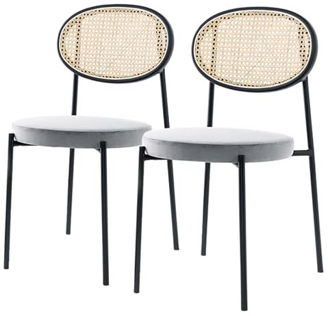 home24 Esszimmerstühle 2er Set mit Samt-Bezug | Stühle für Esstisch Esszimmer mit Wiener Geflecht | Moderne Design-Stühle grau schwarz Rattan Metall | Küchenstühle Wohnzimmerstühle Schminktisch