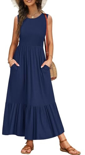VEUNCOS Maxikleid Damen Sommer Elegant Strandkleid Hohe Taille Kleid A Line Festlich Rüschenkleid Lang Tank Top Kleid mit Taschen Dunkelblau XL