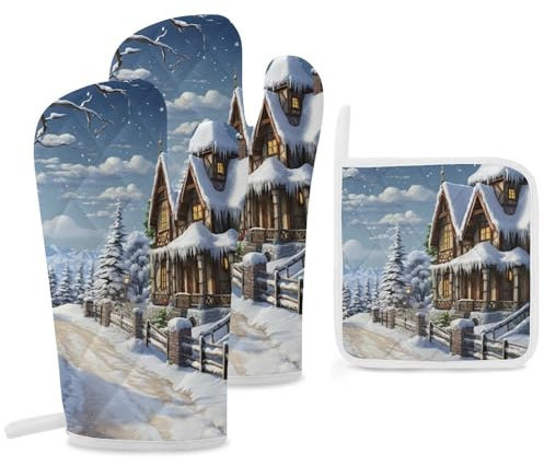 Lot de 3 maniques de cuisine et maniques de Noël - Motif scène heureuse - Résistants à la chaleur - Cadeau décoratif pour la cuisine et la pâtisserie