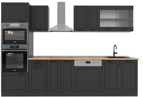 Vicco Küchenzeile R-Line, Anthrazit Landhaus/Anthrazit, 300 cm mit Hochschrank, ohne Arbeitsplatte