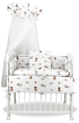 Baby Delux Beistellbett Set Babybett Komplett Set Stubenwagen weiß 90x40 mobil mit Rädern inkl. Bettwäsche Matratze (Teddy Pilot beige)