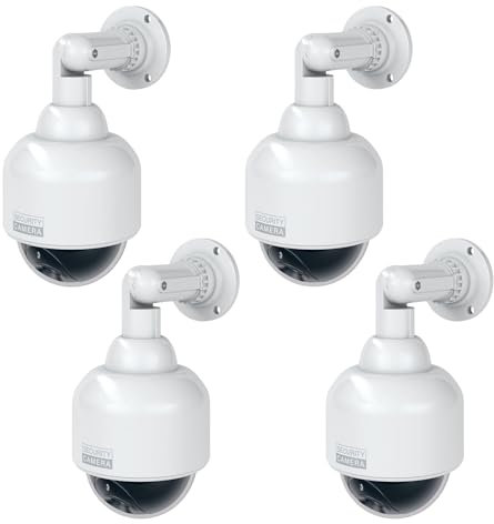 BASI | 4er Set Dome Kamera-Attrappe mit blinkendem LED-Licht | Dummy Kamera | Überwachungskamera für den Innen- und geschützten Außenbereich | 360 Grad Halterung | Weiß | CCTV