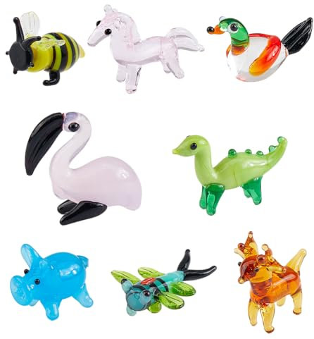 Hobbspring 8 Stile Mundgeblasene Glasfiguren Miniatur Tier Glasdekor Bienen Dinosaurier Hirsch Einhorn Schweinchen Libelle Ente Flamingo Figur Für Sammlerstücke Heimdekoration