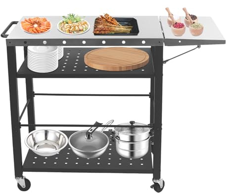 Grillwagen Edelstahl mit großer Arbeitsfläche und Klappbare Beistelltisch, mit Outdoorküche Beistelltisch auf 4 Rädern, Gourmet Servierwagen 4-Etagen für Outdoor BBQ Servierwagen Arbeitsplatte.