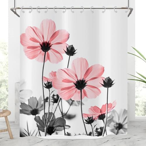 Hnmdmyi Rideau de Douche Fleurs 180x200, Rose et Gris Pâquerette Élégante Fleur Sauvage Design Ferme Étanche Polyester Tissu Lavable Rideau de Bain avec Crochets