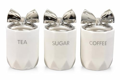 Kitchen Storage Jars, Ceramic Tea Coffee Sugar Canisters with Silver Bow Lid, 15 x 11 cm, 3-Piece Set (White)