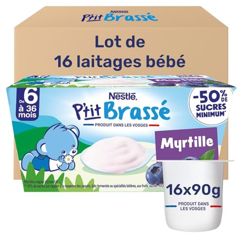 Nestlé - P’tit Brassé Myrtille - Alimentation Bébé 6 Mois et Plus - Dessert Bébé au Lait Entier - Laitage Source de Calcium - Moins 50% de Sucres Minimum - Produit en France - 4 x 100g