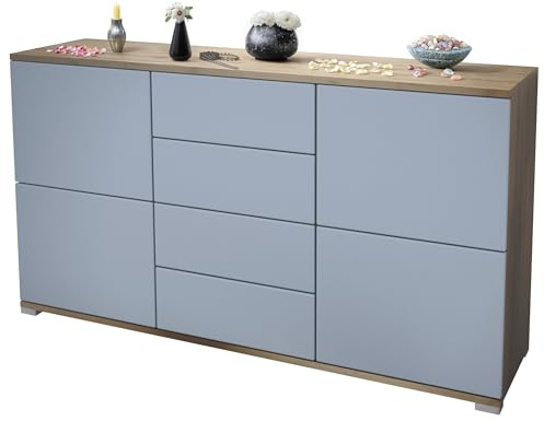 Vladon Sideboard Rova V1, Kommode mit 4 Türen und 4 Schubladen, Eiche Evoke/Denim matt (138,5 x 75,5 x 35)