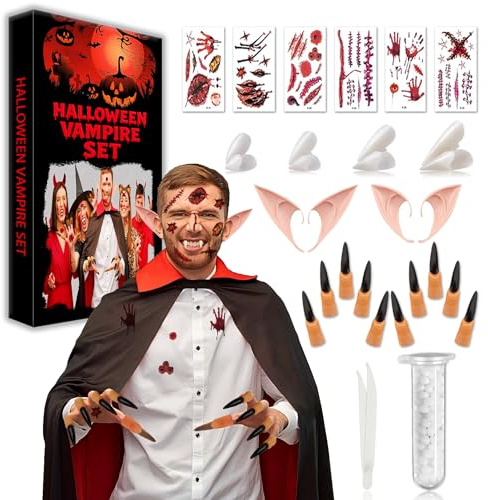 Karneval Vampire Zähne für Kinder & Erwachsene Vampirzähne Set, Vampir & Werwolf Schminke Cosplay Kostüm Accessoires, Elfen Ohren Cosplay Zubehör for Karneval