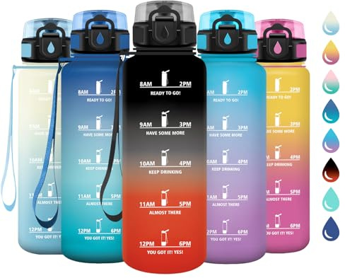 Gourde Motivation 1.5L, Gourde avec Filtre sans BPA, Bouteille d'eau de Motivation avec Marqueur de Temps, Étanche et Réutilisable, Bouteille Réutilisable pour l'école, Sport, Bureau, Yoga, Camping