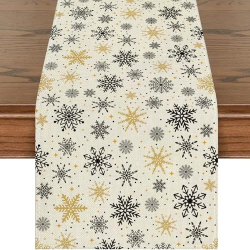 Schneeflocke Weihnachten Tischläufer, Weihnachtstischläufer Schwarz Gold, Weihnachts Tischdeko, Saisonnal Winter Küche Tisch Dekoration Drinnen Urlaub Party Dekor 40x180 cm