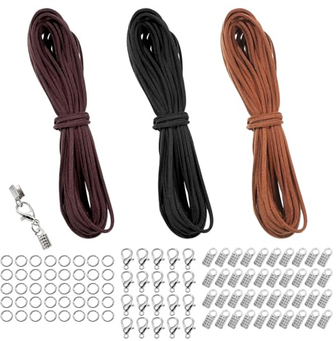 10M x 3mm Lederband für Ketten, 3 Farben Lederbänder Ketten Lederschnur Lederbands Klassik Vintage Lederbänder Rund für DIY Armband Halskette Schmuck Handwerk (Mit 100 Stück Verschluss)