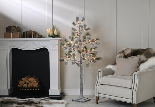 Festive Productions 150cm Pre-Lit Flocked Pine Christmas Tree with Red Berries & Warm White LED Lights – Artificial Slim Snowy Tree with Frosted Branches – Indoor Winter Decoration