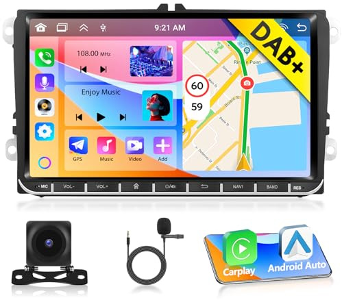 Motorsi 4+64G Para VW Passat Golf Touran Polo Skoda Seat Altea, Autorradio 9 Pulgadas 1280P HD Táctil Carplay Android 15 Auto Radio, Bluetooth 5.0 EQ WiFi DAB+ OBD2 & Cámara AHD De Respaldo, Micrófono