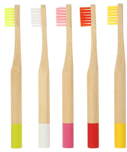 TEHAUX Holzzahnbürsten Verschleißfestes Zahnreinigungsset für Kinder 5 Stück-pack mit Weichem Bürstenkopf und Ergonomischem Griff Zufällige Farbe für Junge Mädchen und Kleinkinder