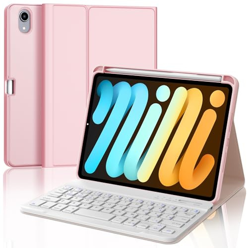 FOGARI Funda Teclado para iPad Mini A17 Pro 2024/ Mini 6 8.3 2021 | Español Ñ Teclado Bluetooth Desmontable para iPad Mini A17 Pro/ Mini 6 8.3, Rosa