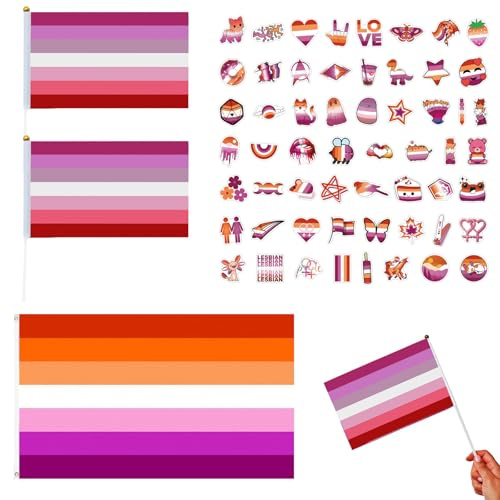 RUINUVYS Bandiera Lesbica e Set di Adesivi - Bandiera 150x90 cm + 2 Mini Bandiere 14x21 cm + 50 Adesivi PVC per Orgoglio, Festa e Celebrazione - Ideale per Interno ed Esterno, Supporto alla Comunità