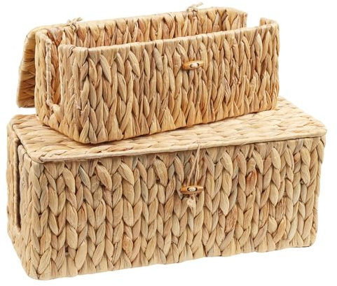 2 Pack Cable Tidy Box,Natural Water Hyacinth Handmade for Home & Office Use | Dual Side Openings Cable Management Box with Bamboo Lid & Under Desk Cables Organiser for Power Strips,TV Wires,& Cord Tidy