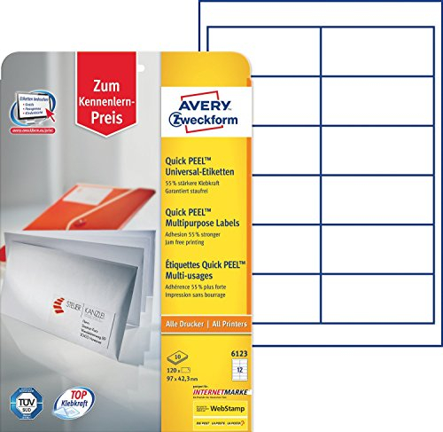 Avery Zweckform 6123 Adressetiketten (A4, Papier matt, 10x 120 Etiketten, 97 x 42,3 mm) 10x 10 Blatt weiß (10)