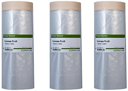 Colorus Masker Tape PLUS – 3 Rollen 110 cm x 33 m – Abdeckfolie mit Feinkrepp Klebeband | HDPE Folie selbsthaftend | Malerband für großflächiges Abkleben